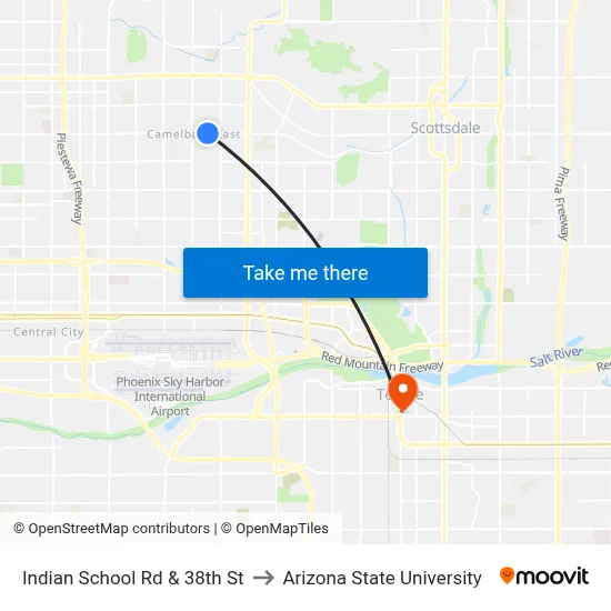 Indian School Rd & 38th St to Arizona State University map
