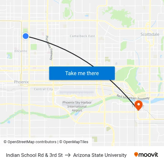 Indian School Rd & 3rd St to Arizona State University map