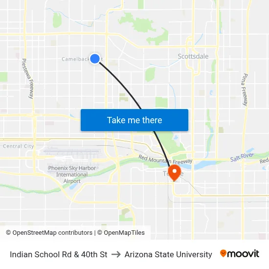 Indian School Rd & 40th St to Arizona State University map