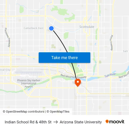 Indian School Rd & 48th St to Arizona State University map