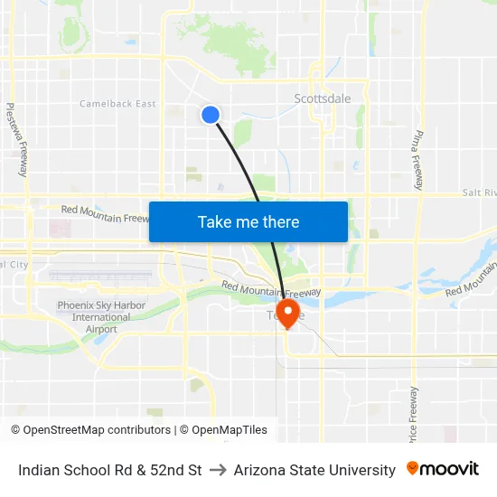 Indian School Rd & 52nd St to Arizona State University map