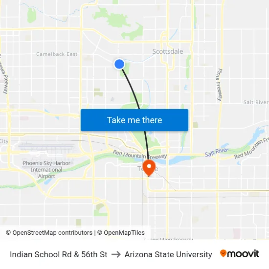 Indian School Rd & 56th St to Arizona State University map