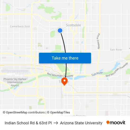Indian School Rd & 63rd Pl to Arizona State University map