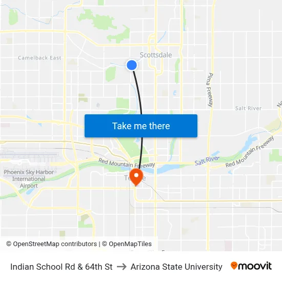 Indian School Rd & 64th St to Arizona State University map
