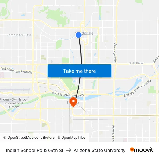 Indian School Rd & 69th St to Arizona State University map