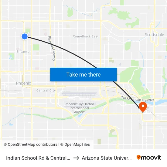 Indian School Rd & Central Av to Arizona State University map