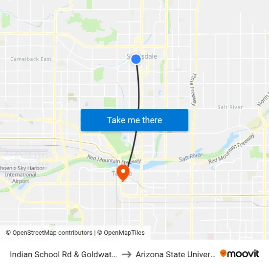 Indian School Rd & Goldwater Bl to Arizona State University map