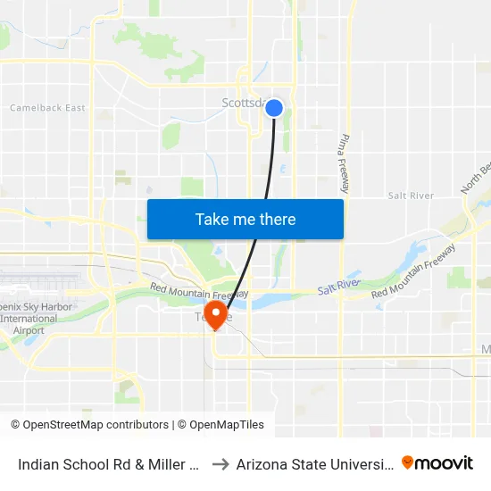 Indian School Rd & Miller Rd to Arizona State University map