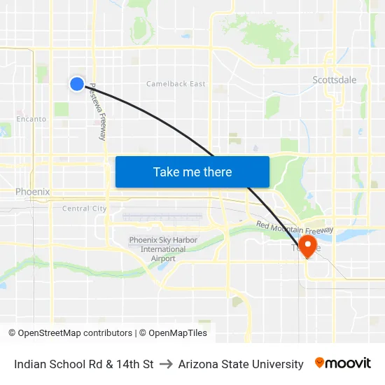 Indian School Rd & 14th St to Arizona State University map