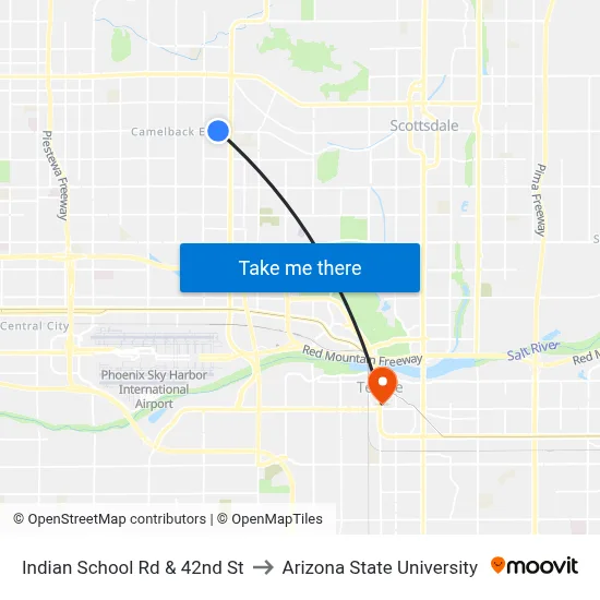 Indian School Rd & 42nd St to Arizona State University map