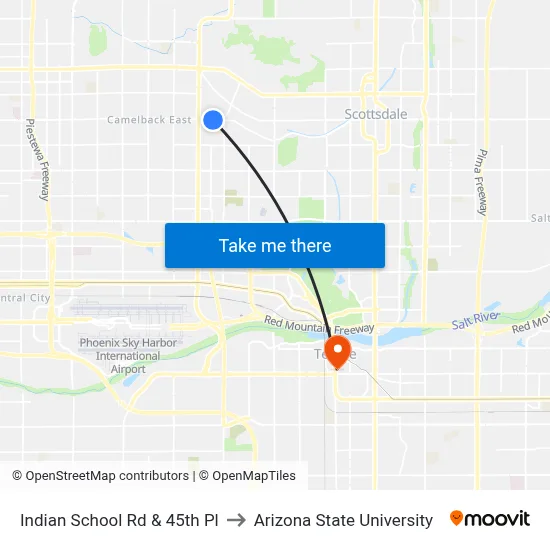 Indian School Rd & 45th Pl to Arizona State University map
