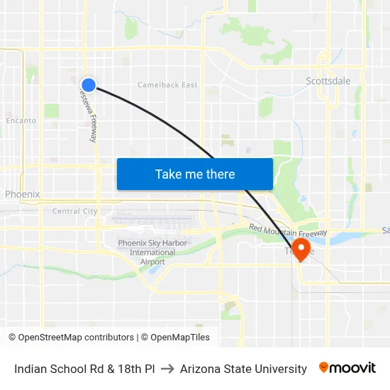 Indian School Rd & 18th Pl to Arizona State University map