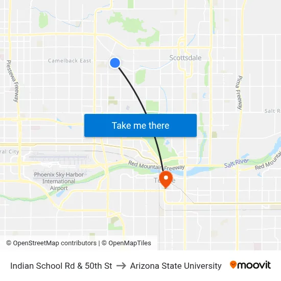 Indian School Rd & 50th St to Arizona State University map