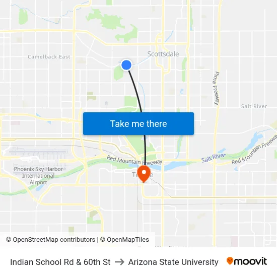 Indian School Rd & 60th St to Arizona State University map