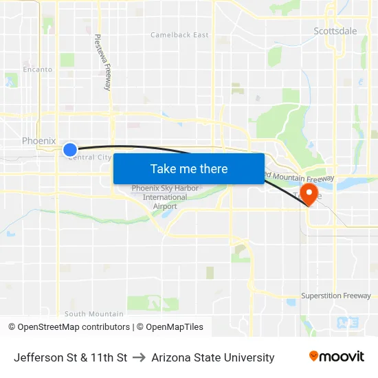 Jefferson St & 11th St to Arizona State University map