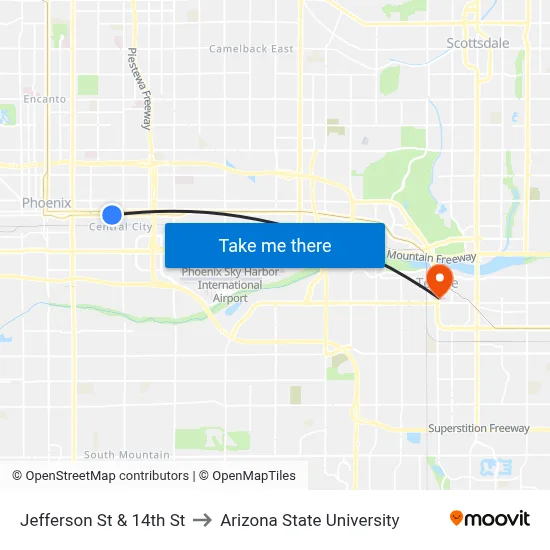Jefferson St & 14th St to Arizona State University map