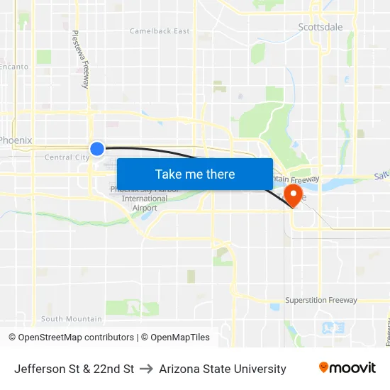 Jefferson St & 22nd St to Arizona State University map