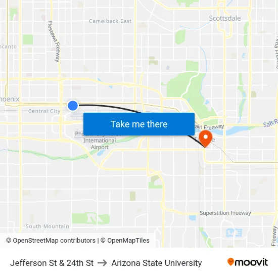 Jefferson St & 24th St to Arizona State University map
