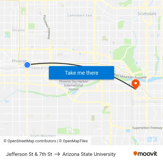 Jefferson St & 7th St to Arizona State University map