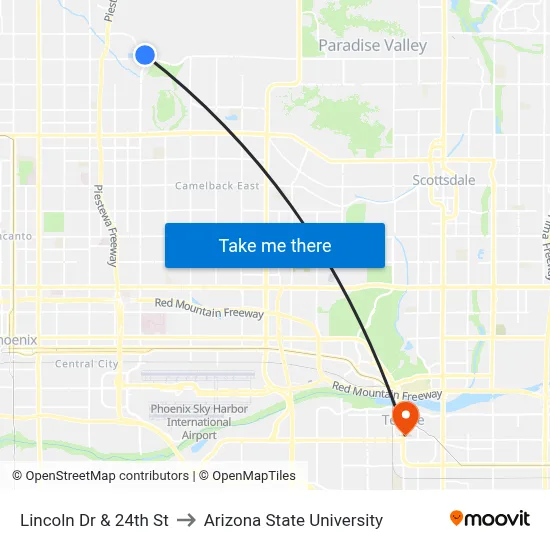 Lincoln Dr & 24th St to Arizona State University map