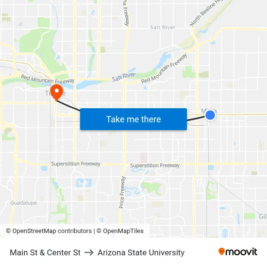 Main St & Center St to Arizona State University map