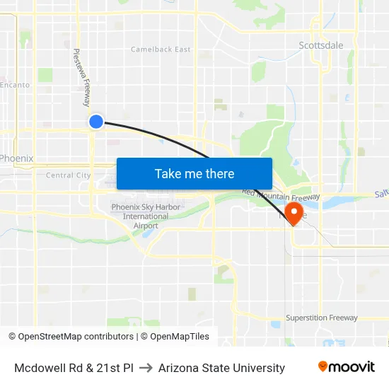 Mcdowell Rd & 21st Pl to Arizona State University map
