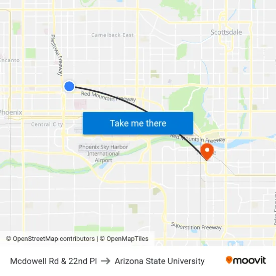Mcdowell Rd & 22nd Pl to Arizona State University map