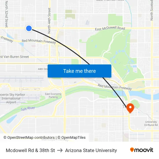 Mcdowell Rd & 38th St to Arizona State University map