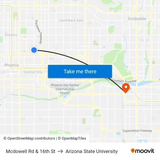 Mcdowell Rd & 16th St to Arizona State University map