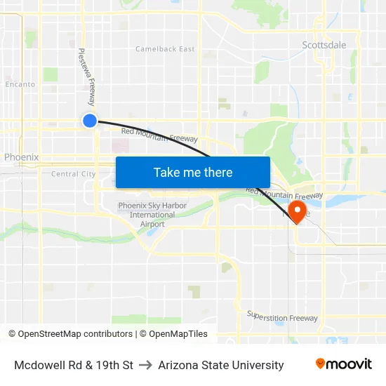 Mcdowell Rd & 19th St to Arizona State University map