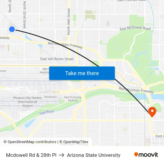 Mcdowell Rd & 28th Pl to Arizona State University map