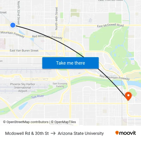 Mcdowell Rd & 30th St to Arizona State University map