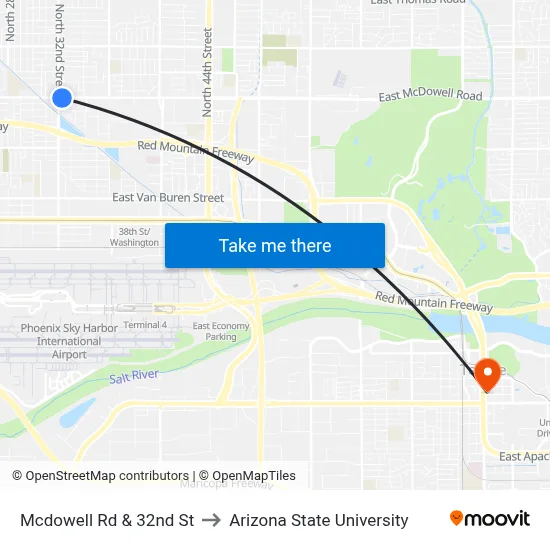Mcdowell Rd & 32nd St to Arizona State University map