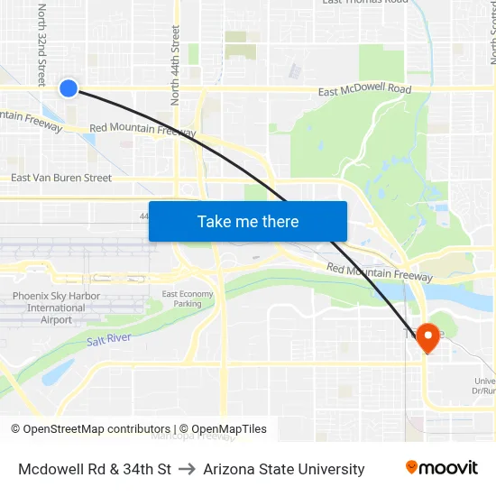 Mcdowell Rd & 34th St to Arizona State University map
