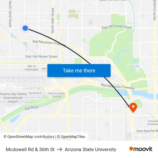 Mcdowell Rd & 36th St to Arizona State University map