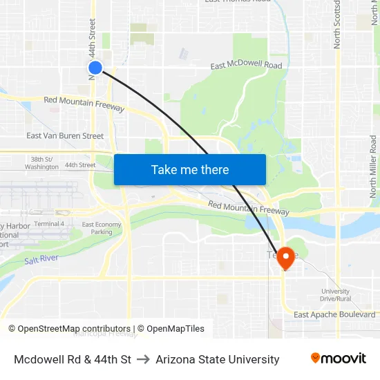 Mcdowell Rd & 44th St to Arizona State University map
