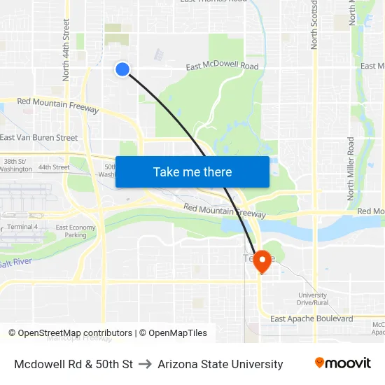 Mcdowell Rd & 50th St to Arizona State University map