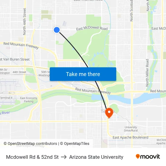 Mcdowell Rd & 52nd St to Arizona State University map