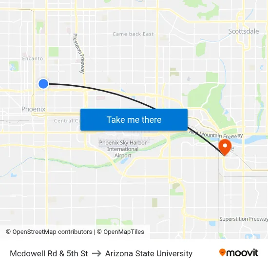 Mcdowell Rd & 5th St to Arizona State University map