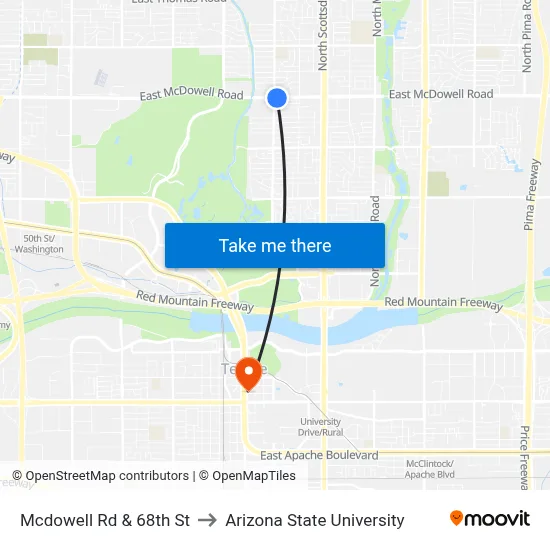 Mcdowell Rd & 68th St to Arizona State University map