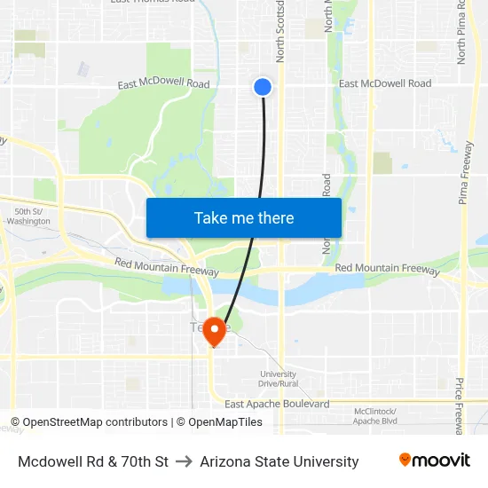 Mcdowell Rd & 70th St to Arizona State University map