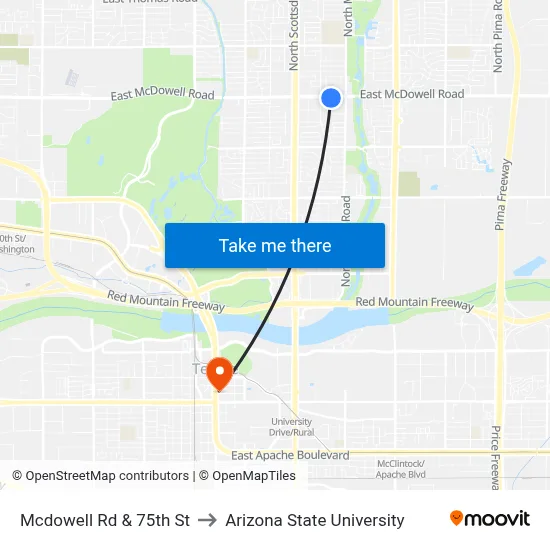 Mcdowell Rd & 75th St to Arizona State University map