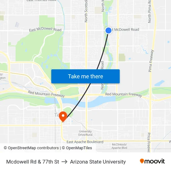 Mcdowell Rd & 77th St to Arizona State University map