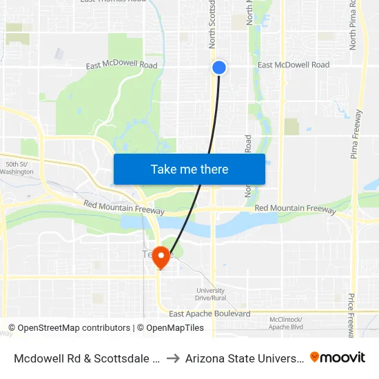 Mcdowell Rd & Scottsdale Rd to Arizona State University map