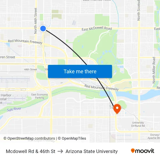 Mcdowell Rd & 46th St to Arizona State University map