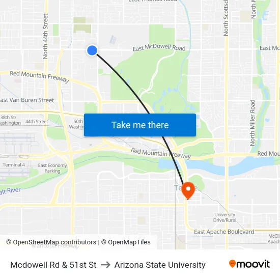 Mcdowell Rd & 51st St to Arizona State University map