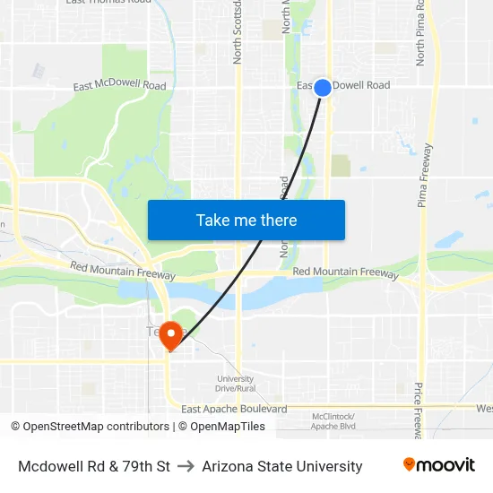 Mcdowell Rd & 79th St to Arizona State University map
