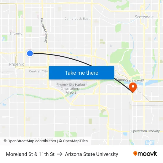 Moreland St & 11th St to Arizona State University map