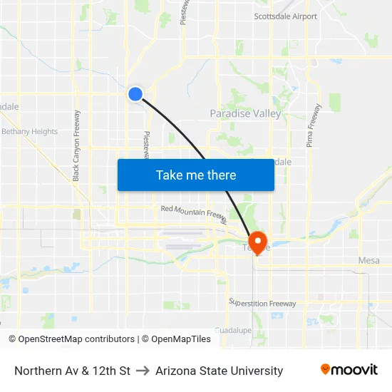 Northern Av & 12th St to Arizona State University map