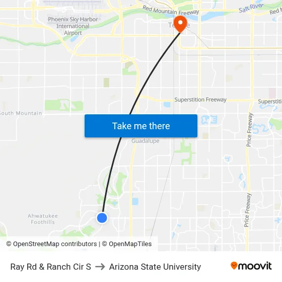 Ray Rd & Ranch Cir S to Arizona State University map